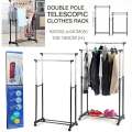 Double Pole Clothes Rack - Silver Double Pole Telescopic Clothes Hanger, Garment Drying Rack with Rolling Wheels stand. 
