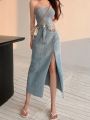 DEEPTOWN Long Denim Skirt Vintage Women Solid High Waist A-LINE Slim Korean Style Jean Slit Midi Skirt Summer Fashion Girl. 