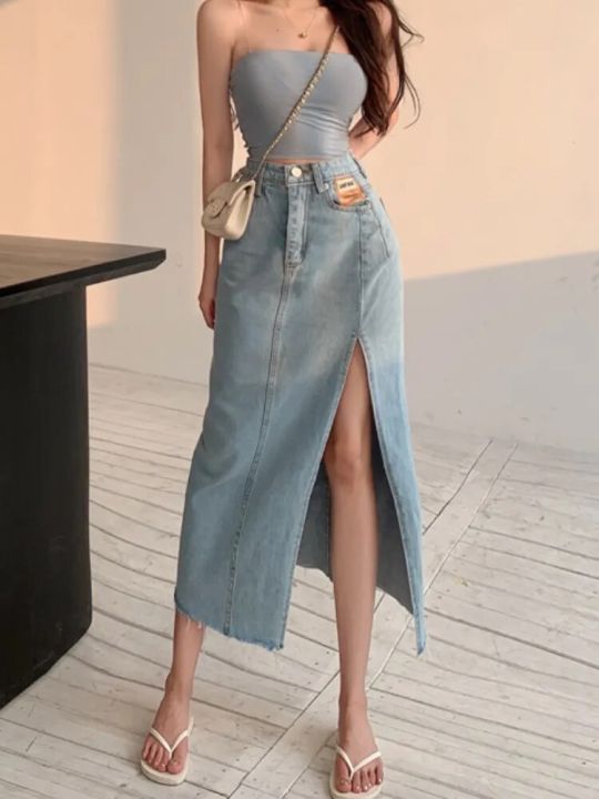 DEEPTOWN Long Denim Skirt Vintage Women Solid High Waist A