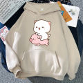 Peach and Goma Are Riding A Pig Hoodie Women Harajuku Cute Kawaii Cat Hoodies Unisex Autumn Winter Graphic Pullovers Sweatshirts. 