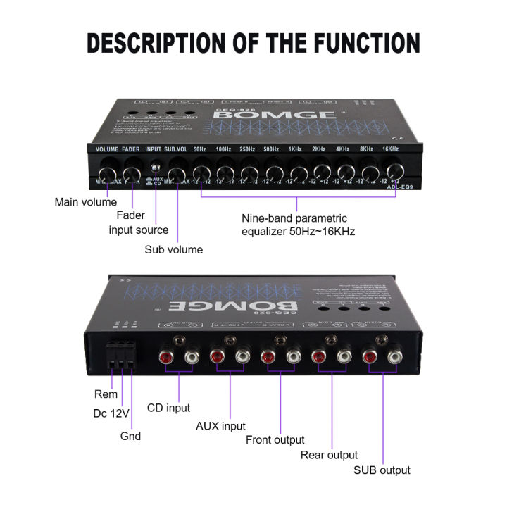 BOMGE%209-Band%20Car%20Audio%20Equalizer,%20Car%20Graphic%20Equalizer%20EQ%20W/Front,%20Rear%20+%20Sub%20Output,%208V%20RMS%20Line%20Driver,%20Adjustable%20Audio%20Output%20for%20Car,%20Boat,%20W/CD/AUX%20Input%20Select%20&%20White%20Light%20Illumination%20-%20Image%206