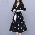 bellylady Women Cotton di Dress V-neck Polka Dot High Waist Irregular Short Ruffle Sleeves Summer Dress. 