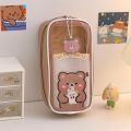 【MINISO】 Cute Creative Transparent Canvas Large Capacity Pen Pouch Children Cartoon Student Stationery Transparent Plastic Pen Case Pouch. 