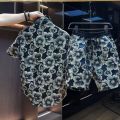 Ethnic Style Embossed Gilding Flower Short-Sleeved Shirt Shorts Two-Piece Men's Summer Ruan Shuai Loose Black Gold Shirt Suit. 