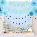 Happy Birthday Blue Banner with Shiny Gold Letters White Paper Bunting Garland Photo Booth Backdrop Hanging Cardstock Party Decorations. 