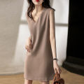 bellylady Women Cotton V Neck Dress Solid Color Loose Waist A-line Skirt Sleeveless Pullover Casual Short Dress. 