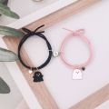 Trendy Black and White Halloween Couple Bracelets with Love Heart Pendant - Adjustable Rubber Band, Matching Set. 