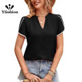 Yfashion Women V Neck Chiffon Shirt Lace Petal Short Sleeve Blouses Solid Color Summer Casual Shirt Pullover Tops. 