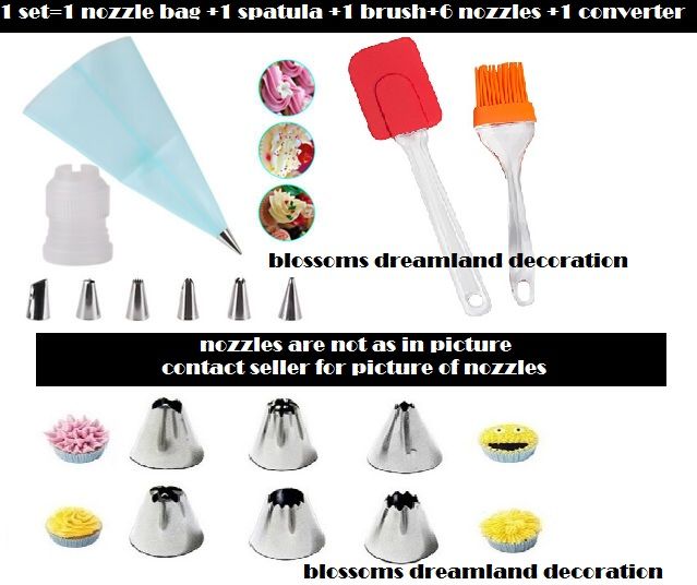 6 Piece Cake Decorating Nozzle Set and Piping Bag with Plastic Nozzle Connector and Silicone Basting Brush and Spatula