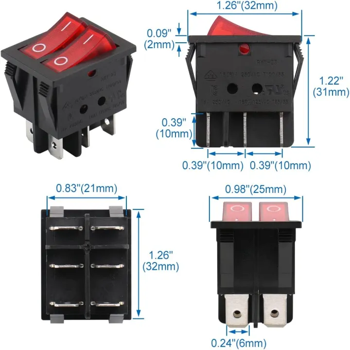 15A250V%2020A125V%20KCD8-212N%20Red%20Button%20Rocker%20Switch%206%20Pin%20Rocker%20Power%20Switch%20Double%20Rocker%20Switch%2010pcs/5Pcs/2Pcs/1Pcs%20-%20Image%206