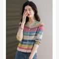 Long Sleeved Knitted Button Cardigan Women Autumn Design Rainbow Fashion Top New Korean Style Slim Short Top Stripe Trend. 
