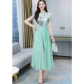 bellylady Women Cotton Chiffon Dress Chinese Style Printing Stand Collar Mid-length Retro Cheongsam Skirt. 