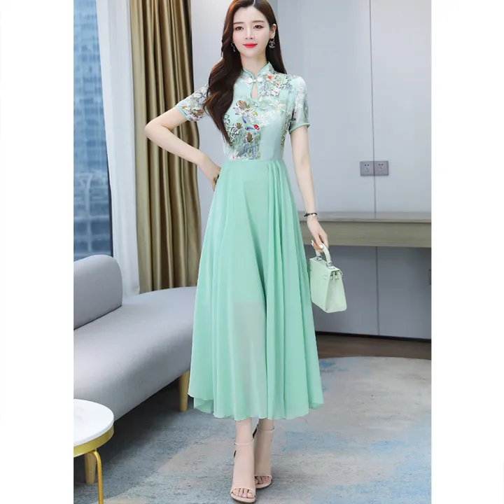 bellylady%20Women%20Cotton%20Chiffon%20Dress%20Chinese%20Style%20Printing%20Stand%20Collar%20Mid-length%20Retro%20Cheongsam%20Skirt%20-%20Image%206