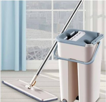Adjustable Cotton Bucket Scratch Mop with Washable Pads, Hands-Free Microfiber Flat Spin Mop System with 360° Flexible Head for Efficient Cleaning