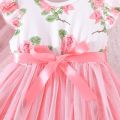 Dress For Kids 4-7 Years old Birthday Korean Style Fashion Ruffled Sleeve Pink Floral Tulle Cute Princess Formal Dresses Ootd For Baby Girl. 
