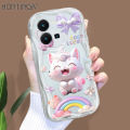 Hontinga for Vivo Y35 Back Cover Pink Cat Phone Case Cream Texture Wavy Edge Soft Mobile Cover. 