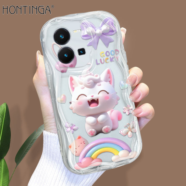 Hontinga for Vivo Y35 Back Cover Pink Cat Phone Case Cream Texture Wavy Edge Soft Mobile Cover