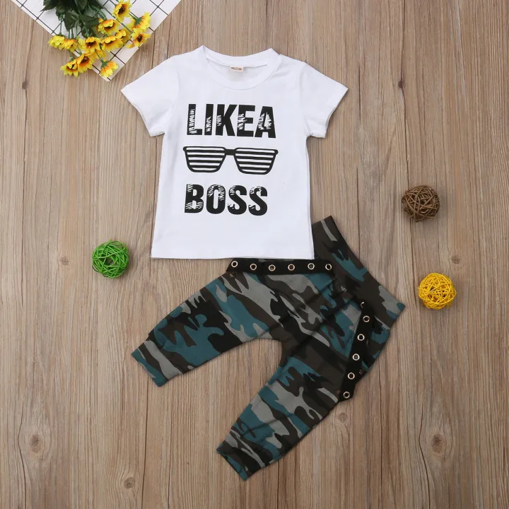 Toddler Baby Boy Short Sleeve Letters Gles T-shirt + Camouflage Long Pants Fashion 2Pcs Outfits Clothes The cotton content is greater than 50%