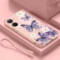 Vivo Y03 Little Daisy Luxury Butterfly Flower Casing Square Edges Plating Back TPU Soft Case with Lanyard Cover. 
