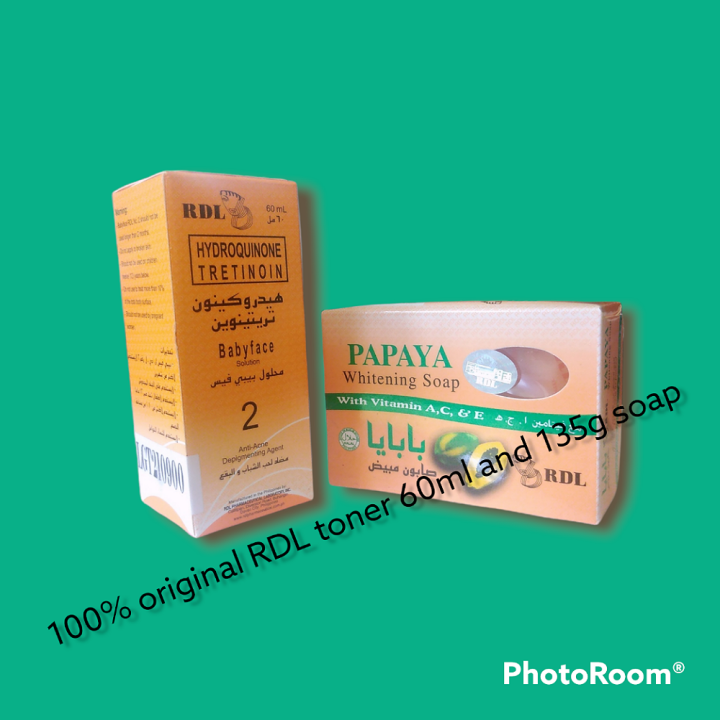 RDL papaya whtiening soap 135g  and Hydroquinone baby face 60ml ( solution*2) 2en1 pack