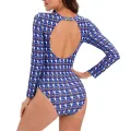 Women's One-Piece Swimsuit, 3D Print Long Sleeve Round Neck Hollow Out Back Bathing Bodysuit. 