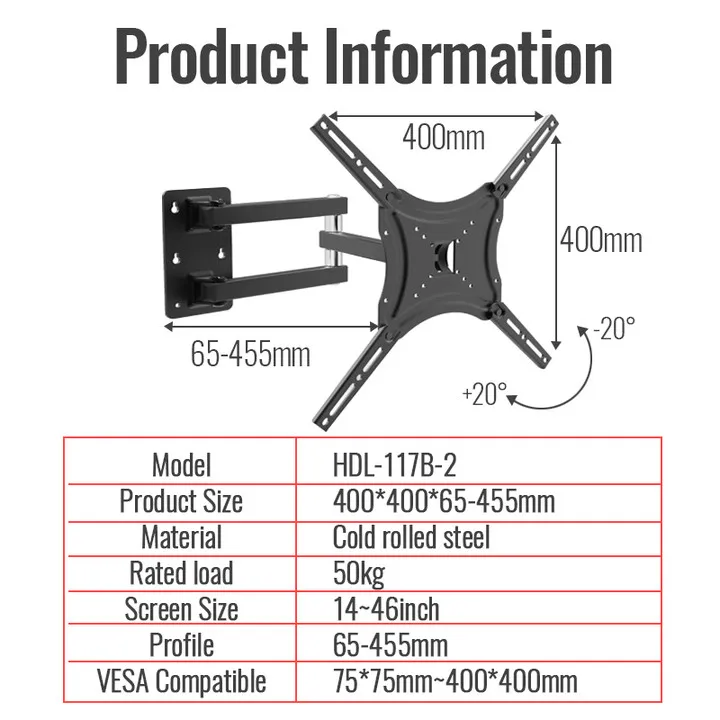 Universal%20Screen%20TV%20Wall%20Bracket%20Mount%20Tilt%20Swivel%20Support%2014%20to%2055%20inches%20up%20to%2050%20Kg%20HDL-117B-2%20Plasma%20LCD%20Television%20Holder%20Vesa%20Cold%20Rolled%20Steel%20Durable%20Powder%20Coat%20Finish%20Office%20Home%20TV%20Stand%20-%20Image%209