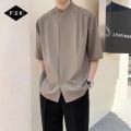 FSK Lightly Mature Men's Clothing with a Set of Casual Short Sleeves Shirt Outfit Summer Stand Collar Ice Silk Shirt Half Sleeve. 