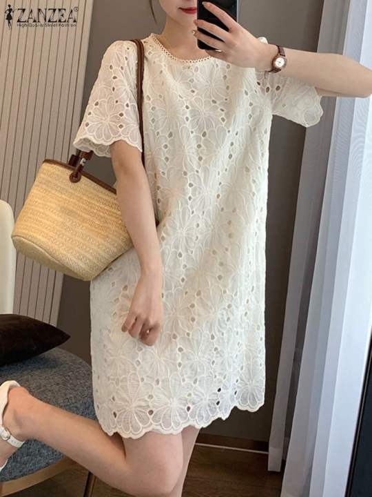 ZANZEA Women Mini Sundress Vintage Lace Embroidered White Dresses 2024 ...