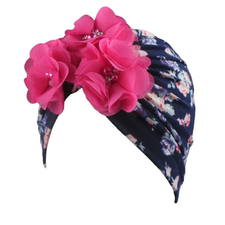 Sweet Flower Print Baby Hat Turban Autumn Winter Warm Infant Toddler Beanies Soft Elastic Pearl Kid Girl Boy Head Wrap Bonnet