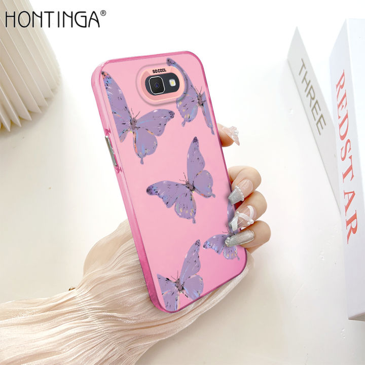 Hontinga for Samsung J7 Prime Back Cover Colorful Sliver Double Sided Soft Edge Hard Back Purple Butterfly Phone Case for Girl