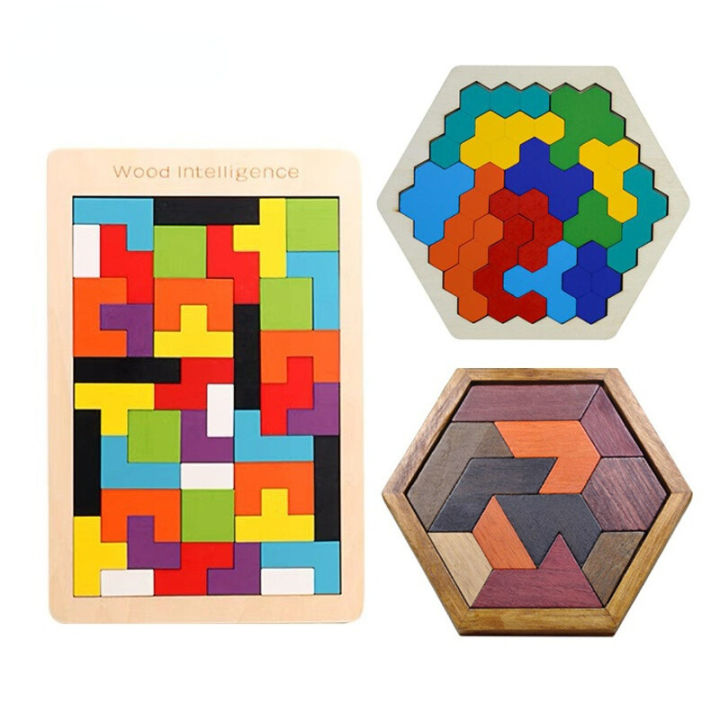 Colorful 3D Puzzle Wooden Tangram Math Toys Tetris Game Children ...