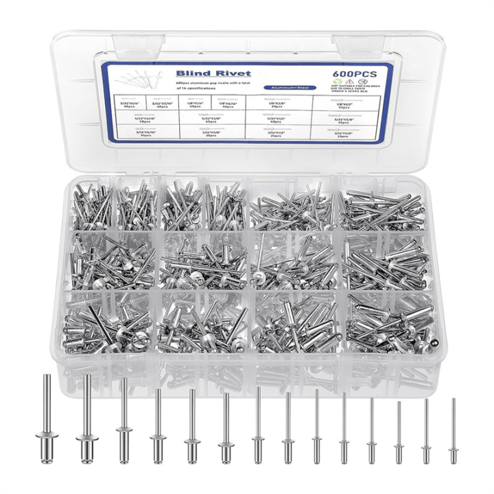 600 Pcs 14 Size Rivets Assortment Parts Kit Aluminum Rivets (3/32 Inch ...