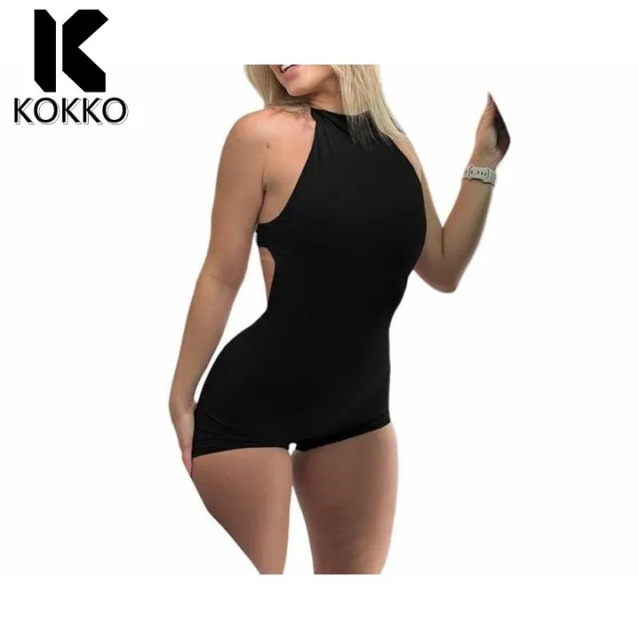 KOKKO%20Women's%20Backless%20Jumpsuits%20Summer%20Slim%20Fit%20Halter%20Neck%20Shorts%20Rompers%20Casual%20Sleeveless%20High%20Waist%20Knitted%20Bodysuits%20-%20Image%209
