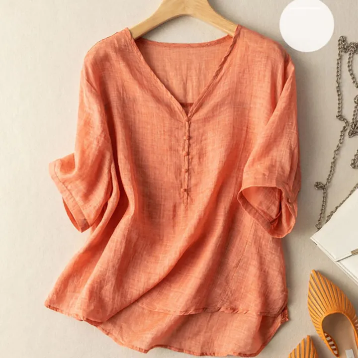 bellylady%20Women%20Cotton%20Linen%20Tops%20Retro%20Loose%20Solid%20Color%20Blouse%20Elegant%20V%20Neck%20Pullover%20Short%20Sleeves%20Shirt%20-%20Image%208