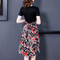 Women Cotton V Neck High Waist Midi Skirt Sweet Floral Printing Dress Summer Short Sleeves Fake Two Piece A-line Skirt. 