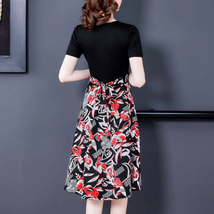 Women%20Cotton%20V%20Neck%20High%20Waist%20Midi%20Skirt%20Sweet%20Floral%20Printing%20Dress%20Summer%20Short%20Sleeves%20Fake%20Two%20Piece%20A-line%20Skirt%20-%20Image%206