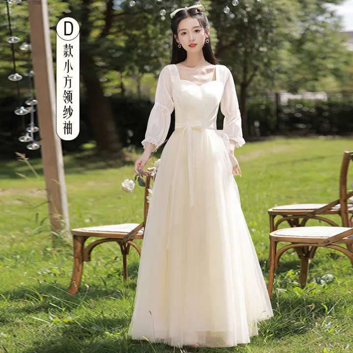Bridesmaid Dress Champagne 2024 New Spring and Summer High-Grade Niche Long-Length Sisters Group Slimming Long-Sleeved Evening Dress for Women