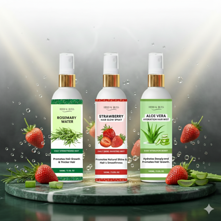 Herbal Bliss Rosemary Water, Strawberry, & Aloe Vera Hair Mist Set | Daily Strengthening, Hair Growth, Shine & Hydration Spray | Promotes Thicker Hair, Smoothness, and Controls Frizz for Men & Women (3-Pack)