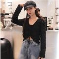 Spring and Summer New Hollow Sweater v Collar Short Loose Women's Long Sleeve Net Hole Top Drawstring Blouse Thin Sweater Women. 