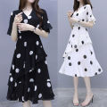 bellylady Women Cotton di Dress V-neck Polka Dot High Waist Irregular Short Ruffle Sleeves Summer Dress. 