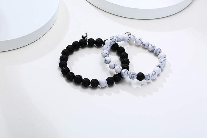 DOUVEI Howlite & Agate Adjustable Bracelet Set – 2-Piece, Matte Black & White, Couples Gift