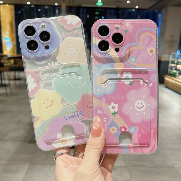 Smile Flower Card Holde Bag Phone Case For OPPO Reno 5 6 Lite 7 8 9 8T 7Z 6Z A15 A16 A17 A54 A74 A72 A94 A53 4G A5 A9 2020 Cover