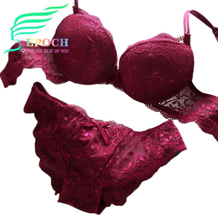 2 Pcs/Set Women Underwear Set Bra Panties Set Lace Push Up Elastic Deep V Neck Solid Color Soft Padded With Wire Bow-knot Back Closure Lady Intimate Clothes