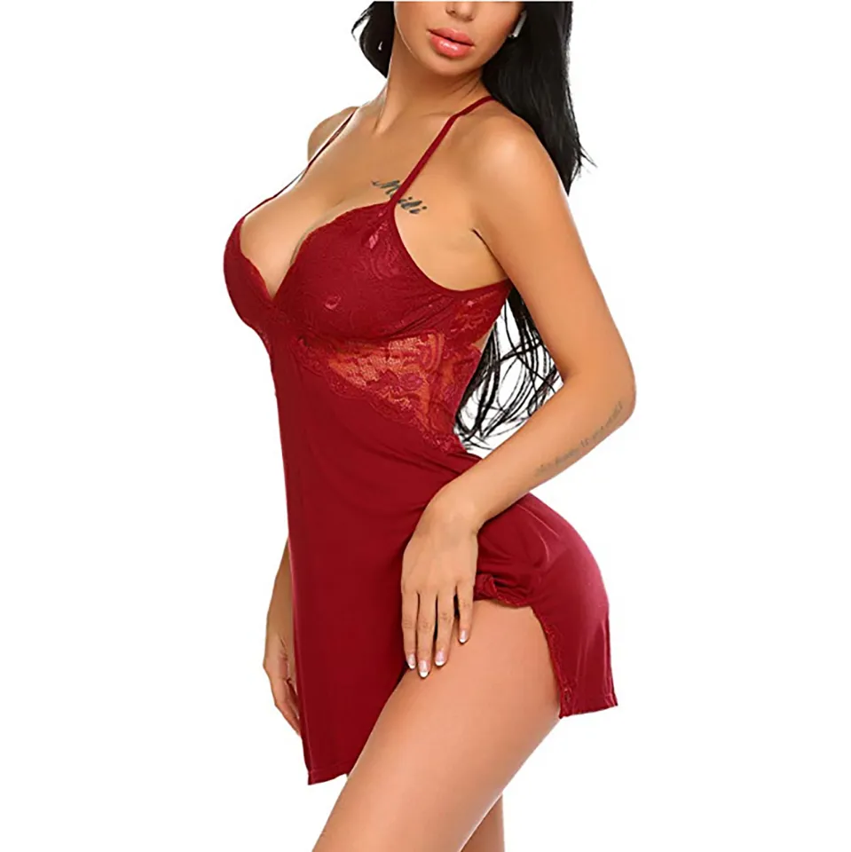 Yfashion Women Lingerie V Neck Babydoll Nightwear Lace Chemise