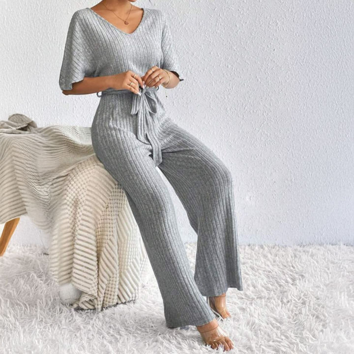 Resort-style printed batwing sleeve tie-up jumpsuit