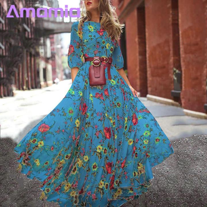 Spring Autumn Dress Floral Print Maxi Dress for Women A-line High