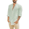 Yfashion Men  Shirt Linen Cardigan Solid Color Casual Stand-up Collar Long-sleeved Shirt color. 
