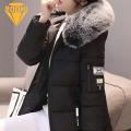 Cotton Coat with Faux Fur Collar Stylish Warm Women's Winter Cotton Coat with Hood Pockets Windproof Mid Length Slim Fit Down Jacket Faux Fur Collar Winter Jacket. 