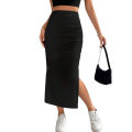Women's Solid Split Thigh Skirt Casual Summer Dress with Ruched Sides and Elastic Waistband. 