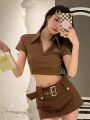 American Retro Hot Girl polo Collar Short Sleeve T T-shirt Women's Summer Niche Sweet and Spicy chic Short Slimming Tight Top. 